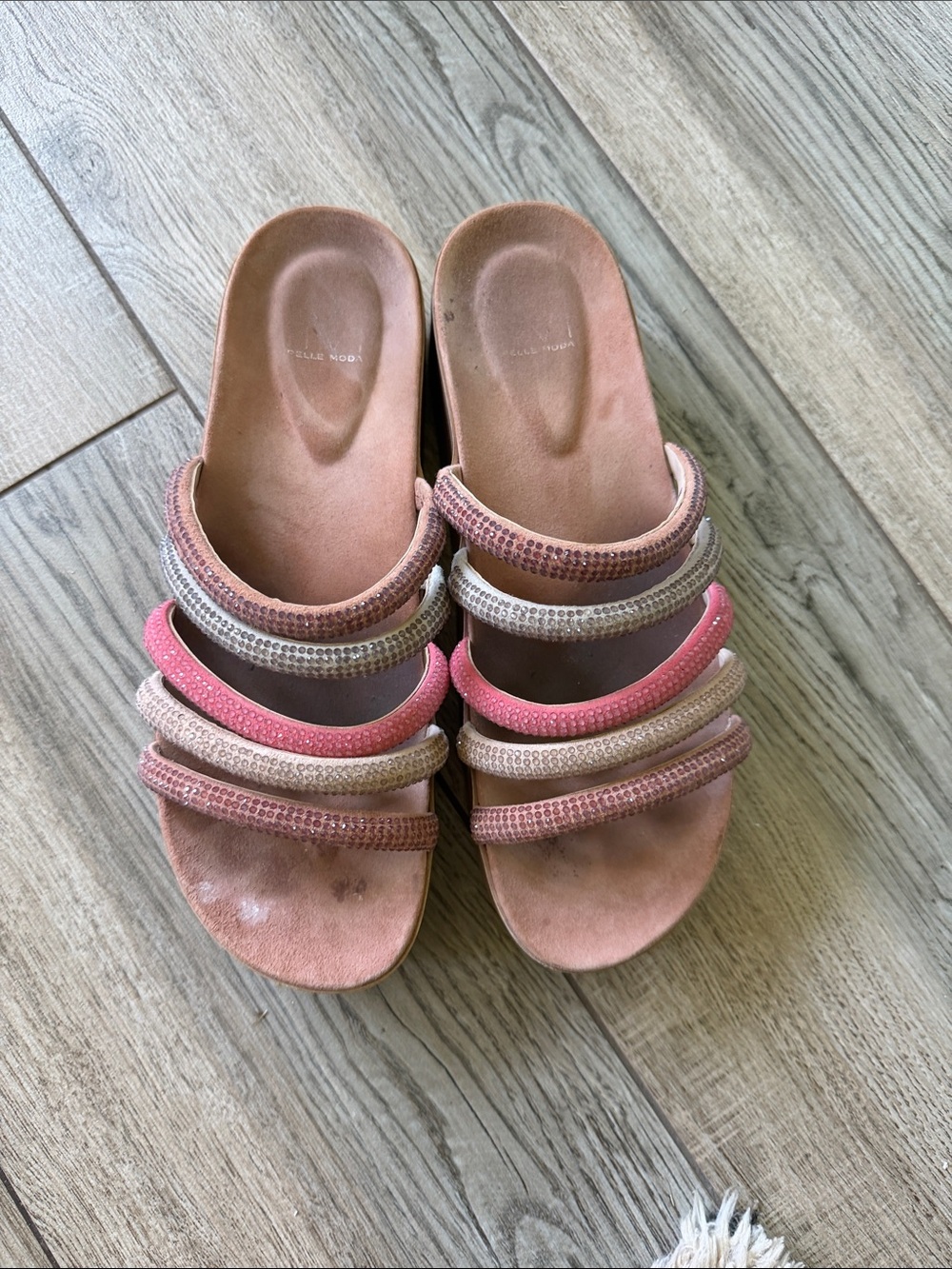 Pelle Moda Pink and Taupe Multi-Strap Slip-On Mules